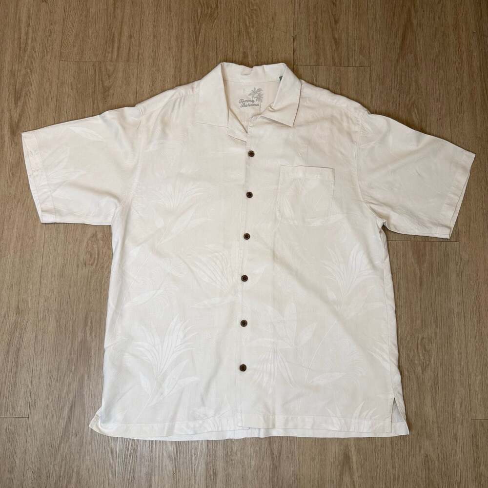 Size L-Tommy Bahama 100% Silk Off-White Floral Jacquard Camp Shirt
